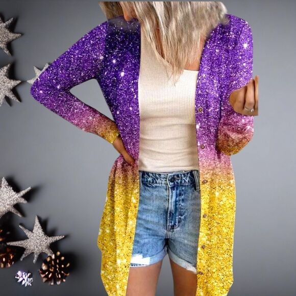 TRENDSI Women's Multi Color Plus Size Gradient Button-Up LongSleeve Cardigan 2X - Picture 1 of 14